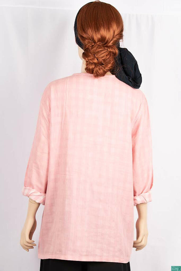 Ladies pleated square neck design full sleeve loose fit tops in Pastel Pink.