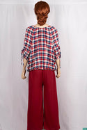 Ladies pintuck tie neck design 3/4 sleeve casual fit baggy tops in Various check colours.