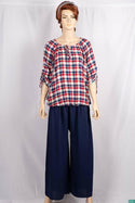 Ladies pintuck tie neck design 3/4 sleeve casual fit baggy tops in Various check colours.