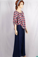 Ladies pintuck tie neck design 3/4 sleeve casual fit baggy tops in Various check colours.