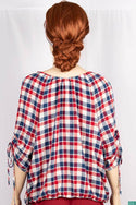 Ladies pintuck tie neck design 3/4 sleeve casual fit baggy tops in Various check colours.