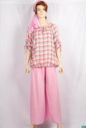 Ladies pintuck tie neck design 3/4 sleeve casual fit baggy tops in Various check colours.