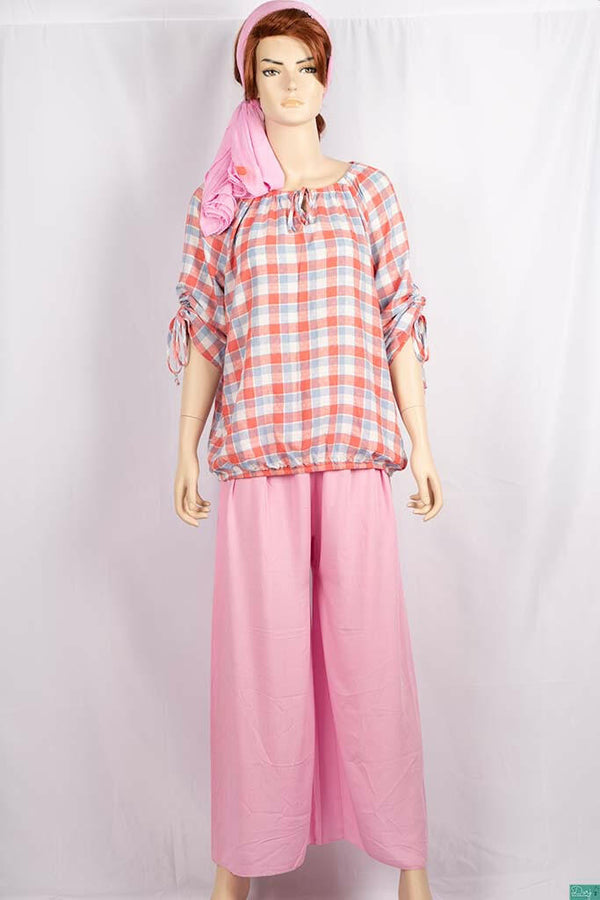 Ladies pintuck tie neck design 3/4 sleeve casual fit baggy tops in Various check colours.