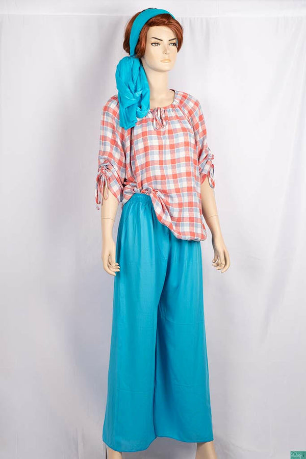 Ladies pintuck tie neck design 3/4 sleeve casual fit baggy tops in Various check colours.
