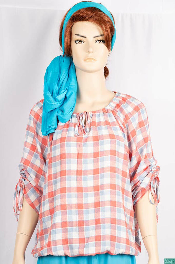 Ladies pintuck tie neck design 3/4 sleeve casual fit baggy tops in Various check colours.