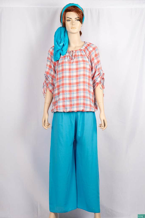 Ladies pintuck tie neck design 3/4 sleeve casual fit baggy tops in Various check colours.
