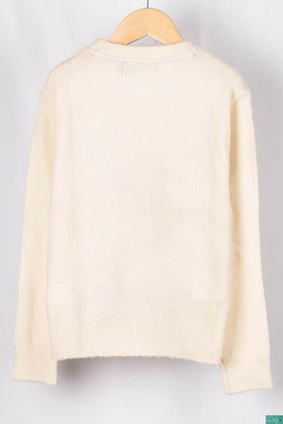 Boys full sleeve crew neck knit sweater in Off white with red cap reindeer.