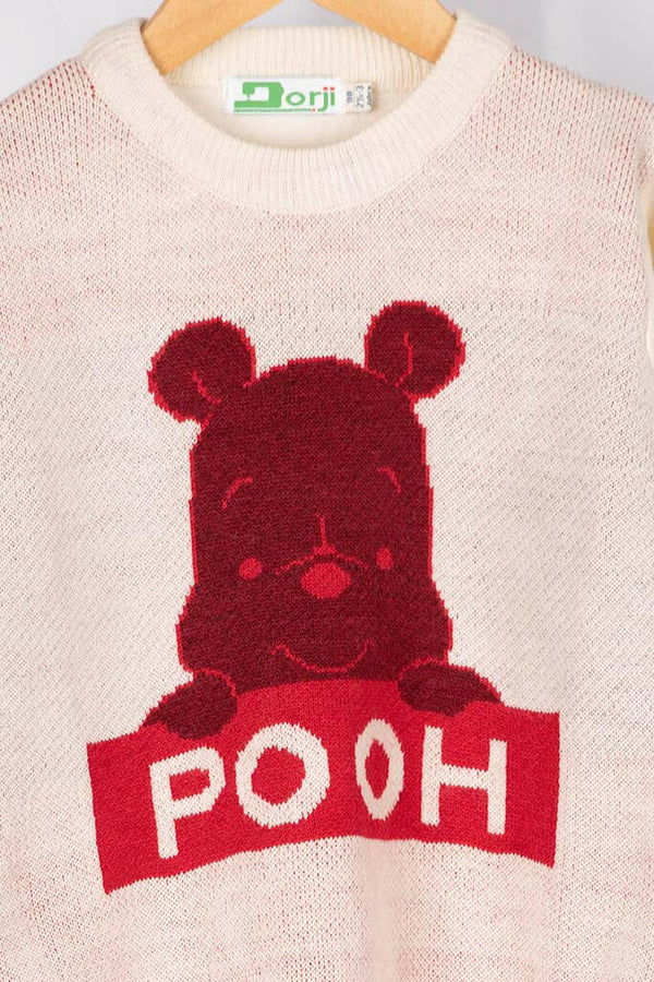 Girl’s full sleeve crew neck knit sweater in Off white with red Pooh.