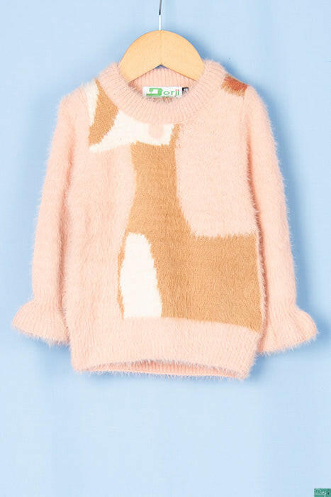 Girl's full sleeve nice crew neck design slim fit sweater in Baby Pink with a brown deer.