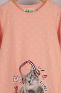 Girl's full sleeve kitty dress in Pastel Baby Pink.