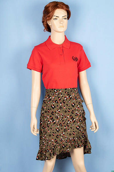 Ladies casual fit short length Stylish skirts in black orange leopard prints on Olive.