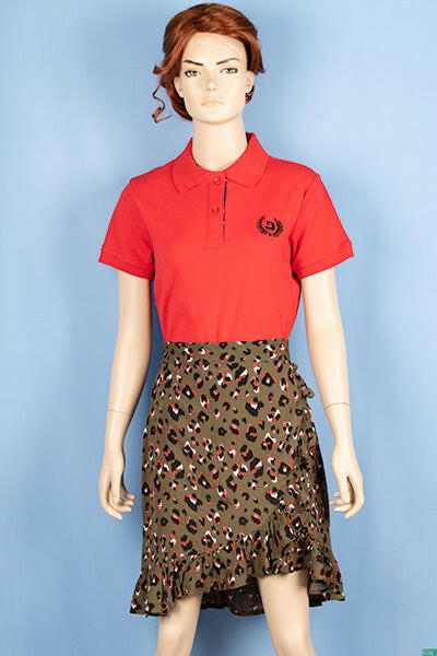 Ladies casual fit short length Stylish skirts in black orange leopard prints on Olive.