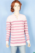 Ladies full sleeve V placket neck casual fit striped sweaters.