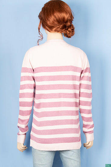 Ladies full sleeve V placket neck casual fit striped sweaters.