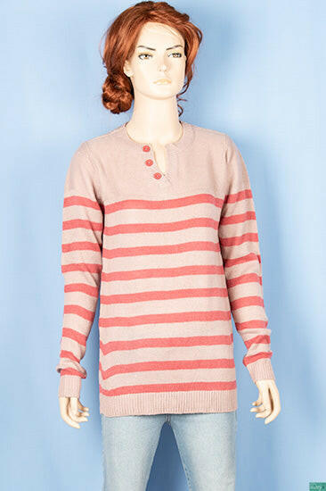 Ladies full sleeve V placket neck casual fit striped sweaters.