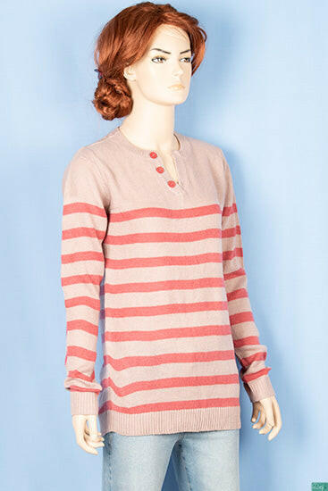 Ladies full sleeve V placket neck casual fit striped sweaters.