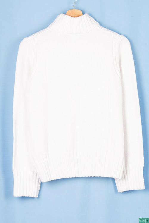 Ladies full sleeve casual fit round neck knitwear in White.