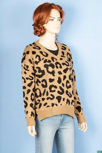 Ladies full sleeve V neck Casual fit sweater with side splits in Black Leopard Print on Biscuit colour.
