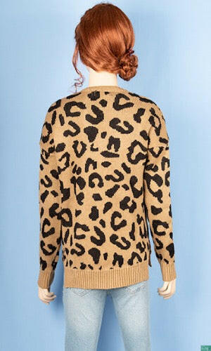 Ladies full sleeve V neck Casual fit sweater with side splits in Black Leopard Print on Biscuit colour.