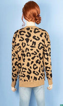 Ladies full sleeve V neck Casual fit sweater with side splits in Black Leopard Print on Biscuit colour.
