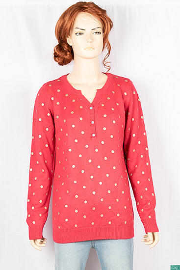 Ladies full sleeve casual fit round collar with v placket neck polka dot sweaters.