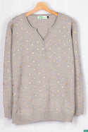 Ladies full sleeve casual fit round collar with v placket neck polka dot sweaters.