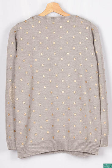Ladies full sleeve casual fit round collar with v placket neck polka dot sweaters.