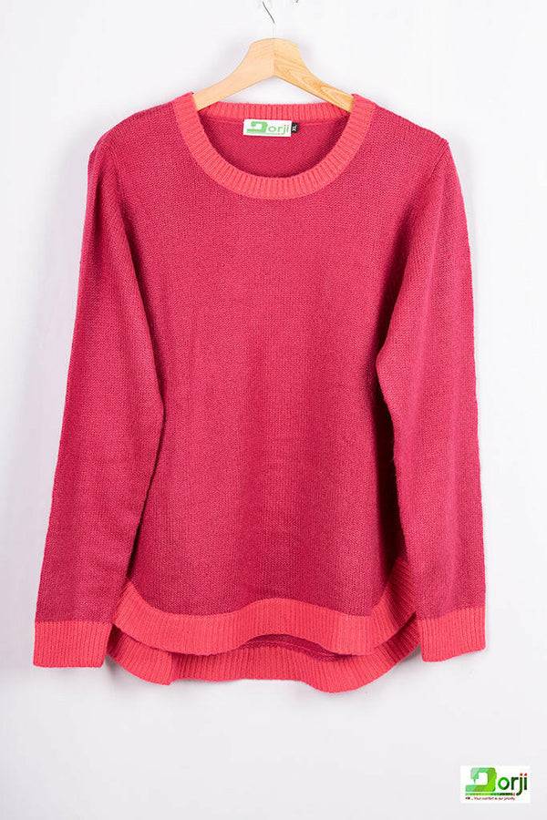 Women’s full sleeve round neck loose fit winter knit sweater.