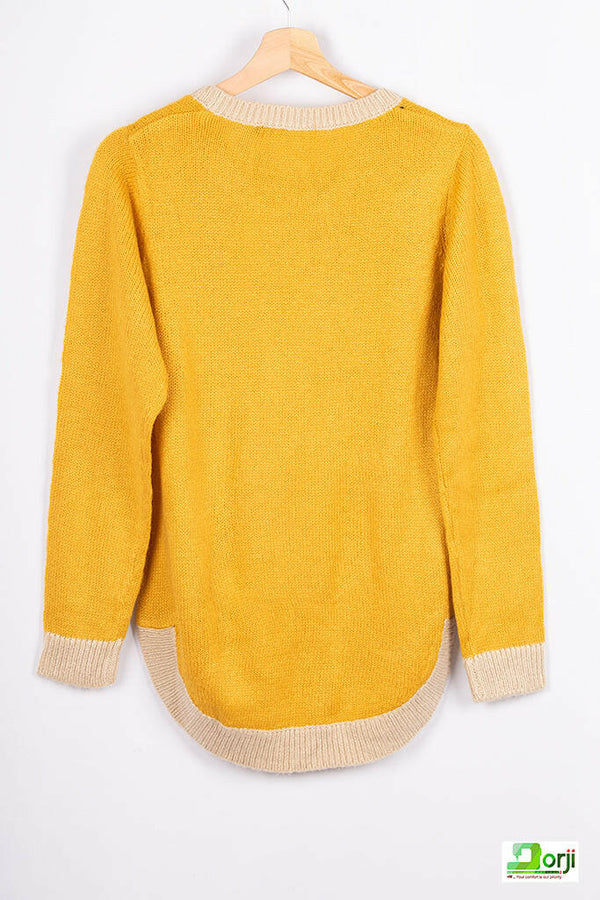 Women’s full sleeve round neck loose fit winter knit sweater.