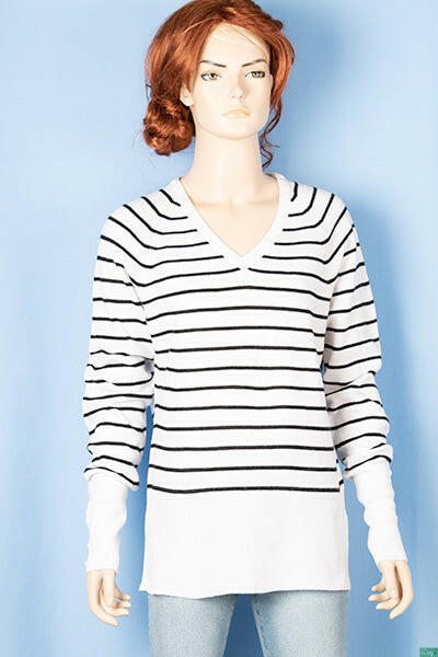 Ladies full sleeve V neck Casual fit striped sweater.