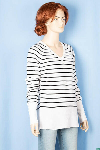 Ladies full sleeve V neck Casual fit striped sweater.