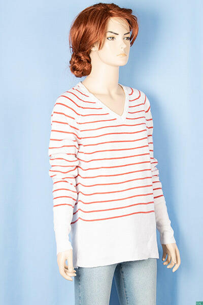 Ladies full sleeve V neck Casual fit striped sweater.