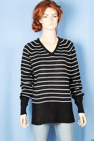 Ladies full sleeve V neck Casual fit striped sweater.