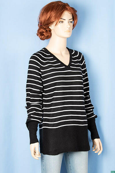 Ladies full sleeve V neck Casual fit striped sweater.