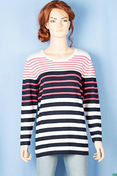 Ladies 3/4 sleeve round neck casual fit striped sweater.