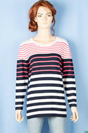 Ladies 3/4 sleeve round neck casual fit striped sweater.
