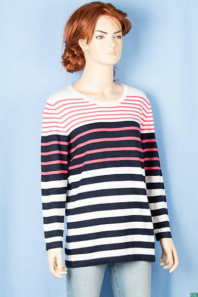 Ladies 3/4 sleeve round neck casual fit striped sweater.