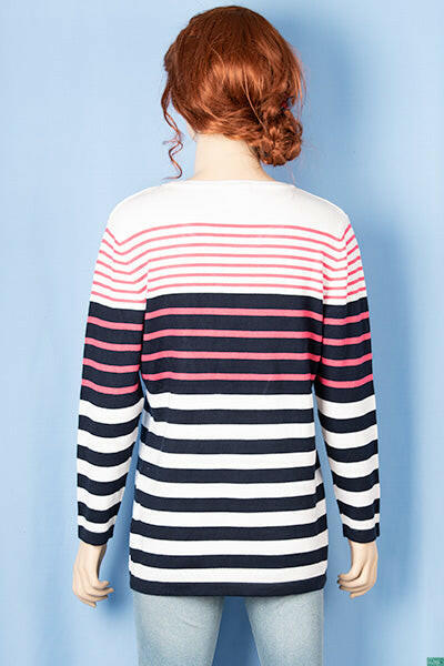 Ladies 3/4 sleeve round neck casual fit striped sweater.