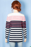 Ladies 3/4 sleeve round neck casual fit striped sweater.
