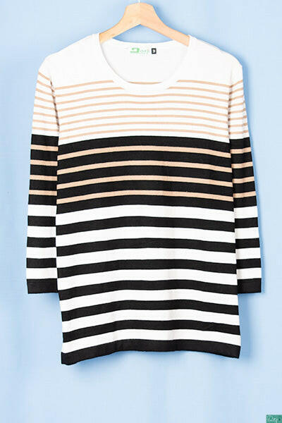 Ladies 3/4 sleeve round neck casual fit striped sweater.