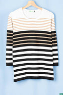 Ladies 3/4 sleeve round neck casual fit striped sweater.