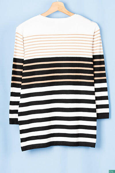 Ladies 3/4 sleeve round neck casual fit striped sweater.