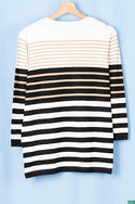 Ladies 3/4 sleeve round neck casual fit striped sweater.