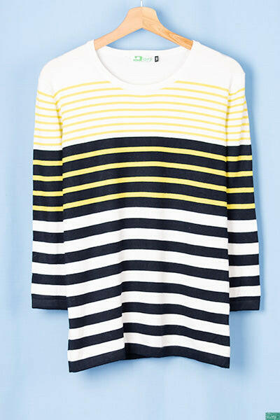 Ladies 3/4 sleeve round neck casual fit striped sweater.