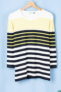 Ladies 3/4 sleeve round neck casual fit striped sweater.