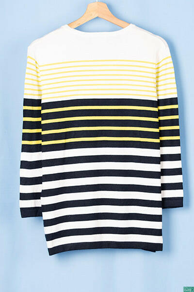 Ladies 3/4 sleeve round neck casual fit striped sweater.