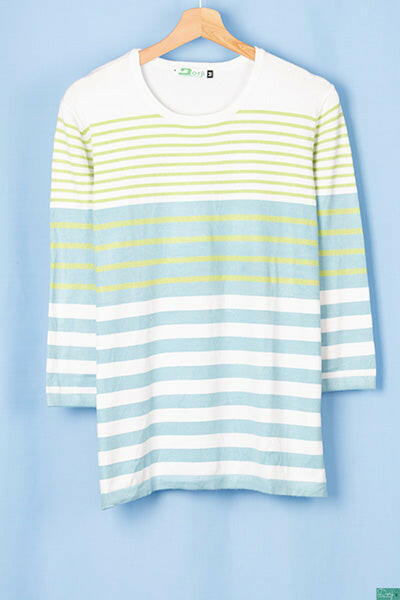 Ladies 3/4 sleeve round neck casual fit striped sweater.
