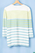 Ladies 3/4 sleeve round neck casual fit striped sweater.