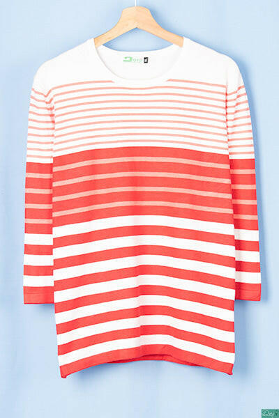Ladies 3/4 sleeve round neck casual fit striped sweater.