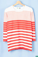 Ladies 3/4 sleeve round neck casual fit striped sweater.